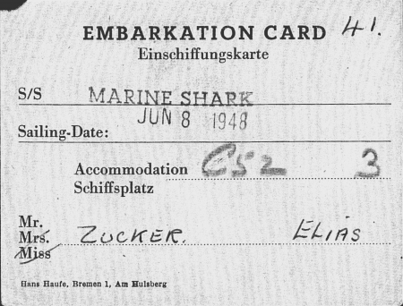 Copy of an embarkation card document. The document has typed writing, a stamp for ‘MARINE SHARK JUN 8 1948’, and includes handwriting.