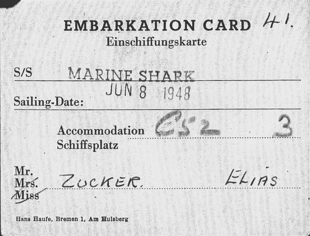 Copie d'une carte d'embarquement. Le document est typographié et il y a une étampe indiquant “MARINE SHARK JUN 8 1948”, il y a aussi de l'écriture manuscrite.