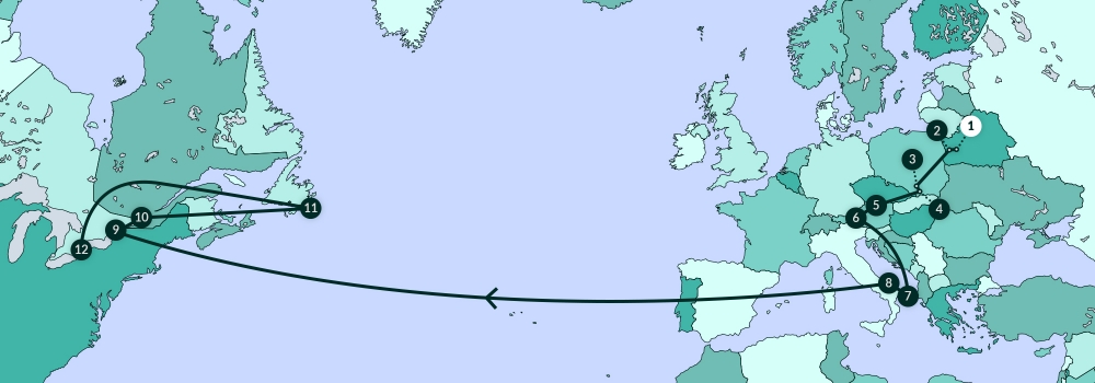 Une carte illustrant la plupart de l'Amérique du Nord, de l’Europe, et une partie de l’Afrique. Une ligne traverse divers endroits de la carte.