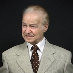 Capture d'écran de Leon Hirsch, survivant de l'Holocauste, durant l'enregistrement de son témoignage vidéo. Il est assis devant un fond gris et regarde à la gauche de la caméra. Son visage et ses épaules sont visibles à la caméra.
