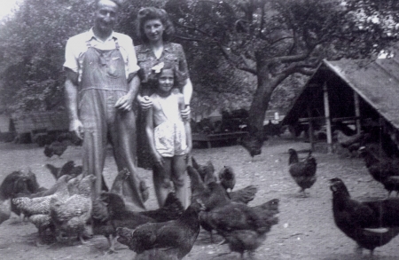 Photo en noir et blanc d'un homme et d'une femme avec une jeune fille, se tenant parmi des douzaines de poulets dans une bassecour. Un poulaillier est visible en arrière-plan.