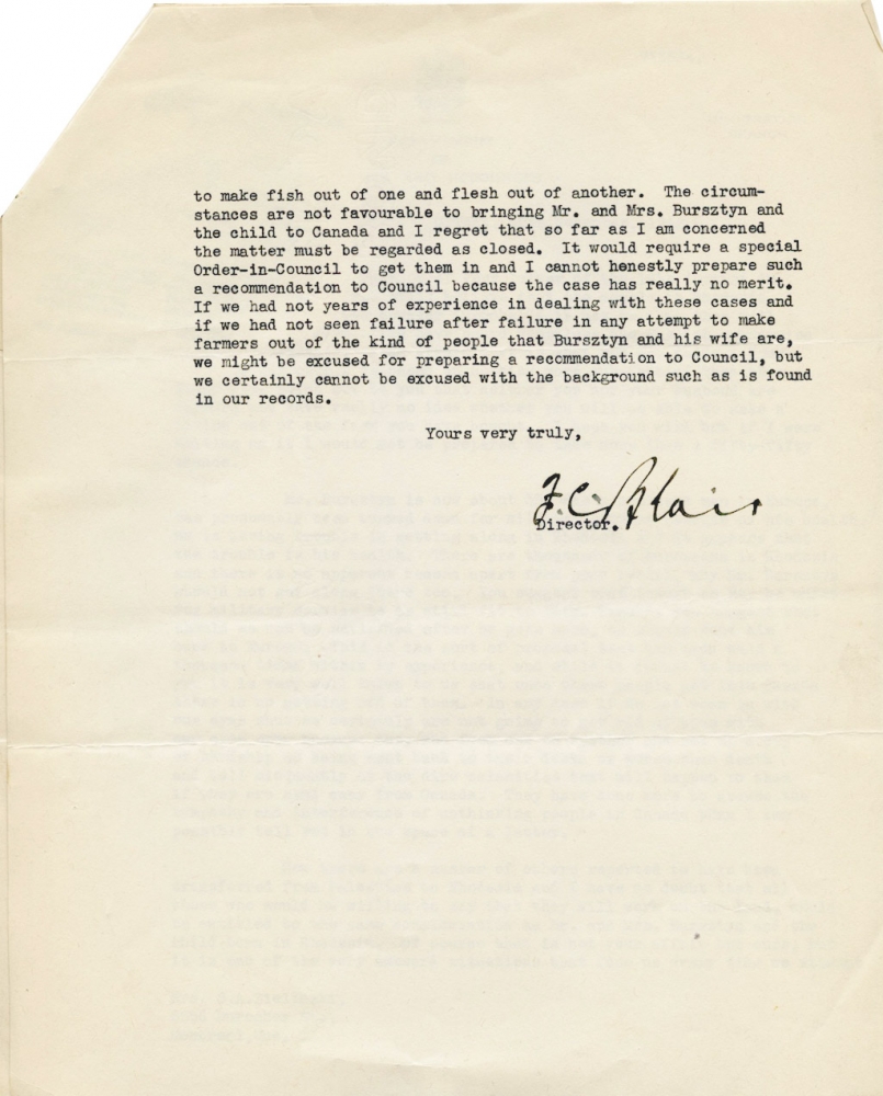 Back page of a beige-coloured letter stamped with Canada Department of Mines and Resources letterhead. The letter contains a red pen underlining the addressee name with a question mark, contains four typed paragraphs, and ends with a hand signature.