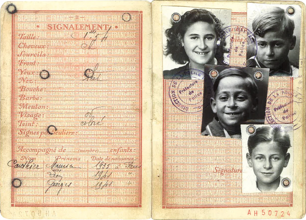 Two pages of a yellow-paper passport with red typed font and some handwritten names. The right page features four small black-and-white photographs, each one of a child’s face.