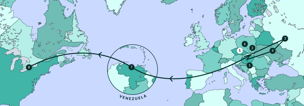 Une carte illustrant la plupart de l'Amérique du Nord, de l’Europe, et une partie de l’Afrique. Une ligne traverse divers endroits de la carte.
