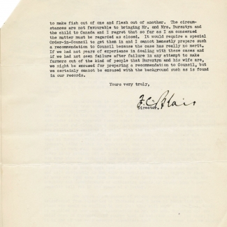 Back page of a beige-coloured letter stamped with Canada Department of Mines and Resources letterhead. The letter contains a red pen underlining the addressee name with a question mark, contains four typed paragraphs, and ends with a hand signature.